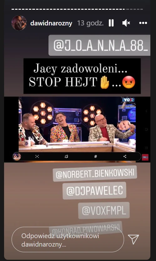 Screen z programu, gdzie podpalono maskę z podobizną Dawida Narożnego/ zdjęcie pochodzi z https://www.instagram.com/dawidnarozny/?hl=pl