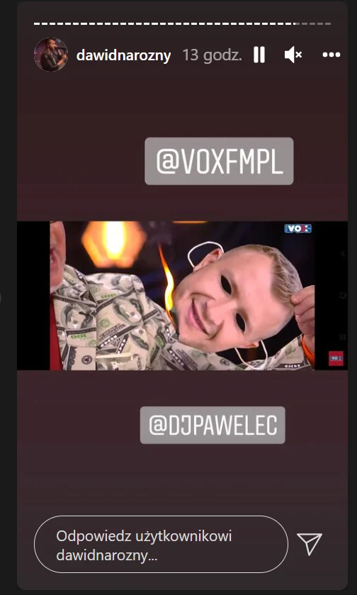 Screen z programu, gdzie podpalono maskę z podobizną Dawida Narożnego/ zdjęcie pochodzi z https://www.instagram.com/dawidnarozny/?hl=pl