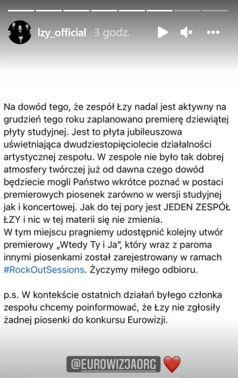 Screen z Instastories zespołu Łzy www.instagram.com/lzy_official/ Screen z Instastories zespołu Łzy www.instagram.com/lzy_official/