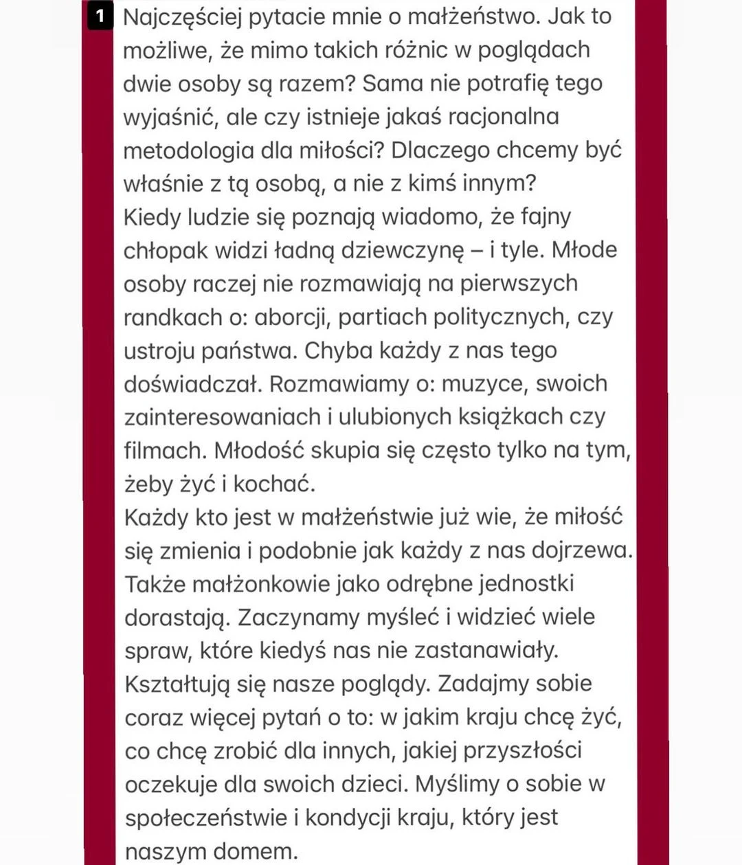 Wpis Marianny Schreiber o małżeństwie