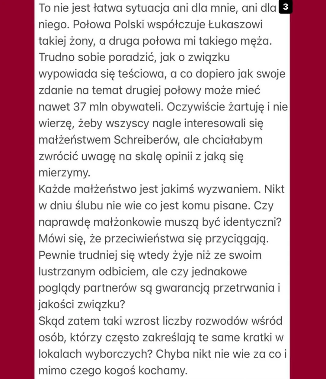 Wpis Marianny Schreiber o małżeństwie