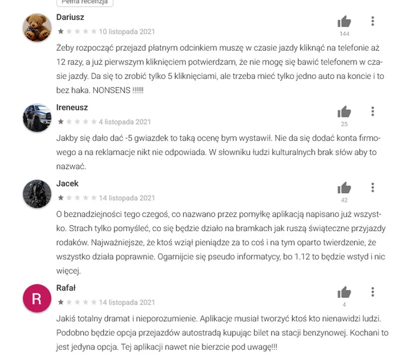 Opinie o e-TOLL w sklepie google.play są druzgocące...
