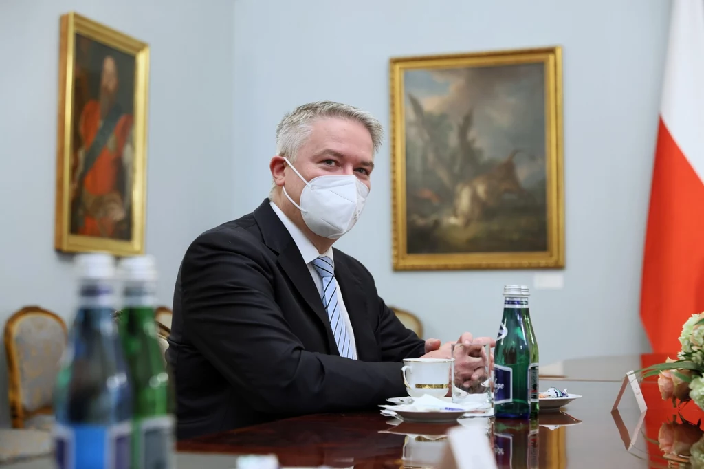 Sekretarz generalny Organizacji Współpracy Gospodarczej i Rozwoju Mathias Cormann podczas spotkania z prezydentem RP Andrzejem Dudą w Pałacu Prezydenckim w Warszawie