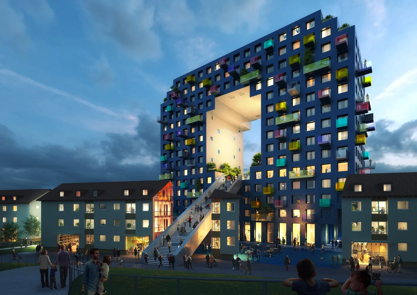 Wizualizacja osiedla z budynkami w kształcie liter słowa HOME - MVRDV Wizualizacja osiedla z budynkami w kształcie liter słowa HOME - MVRDV