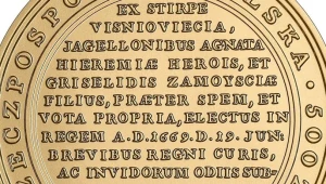 Moneta kolekcjonerska NBP: Skarby Stanisława Augusta - Michał Korybut Wiśniowiecki, 500 zł, detal awersu/NBP