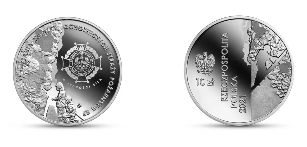 Moneta kolekcjonerska NBP: 100-lecie powstania Związku Ochotniczych Straży Pożarnych RP, 10 zł, detal rewersu (L) i awersu (P)