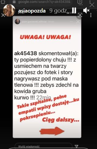 Hejterka Joanny Opozdy obrażała także Piotra Gąsowskiego 