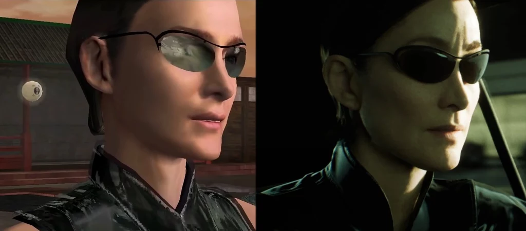 Po lewej kadr z gry Enter the Matrix, po prawej fragment Matrix: Awakens
