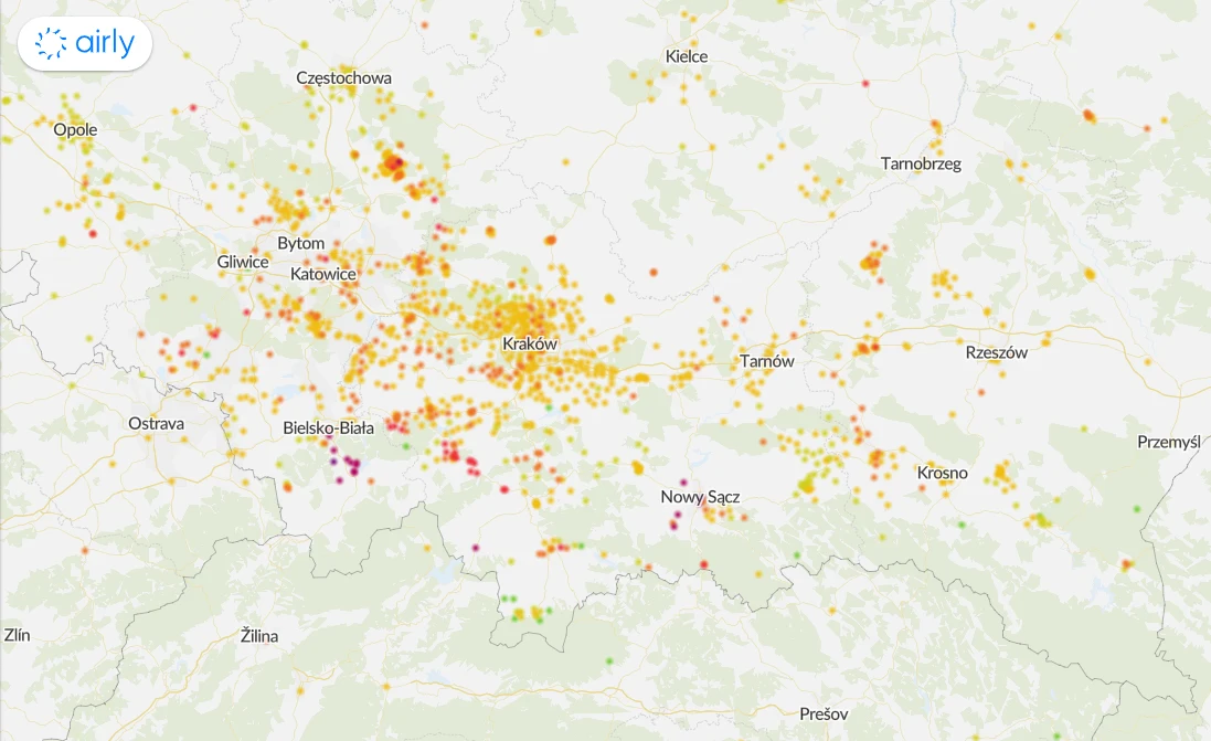 Smogowa mapa Polski, dane z godz. 11:30 15.12.2021