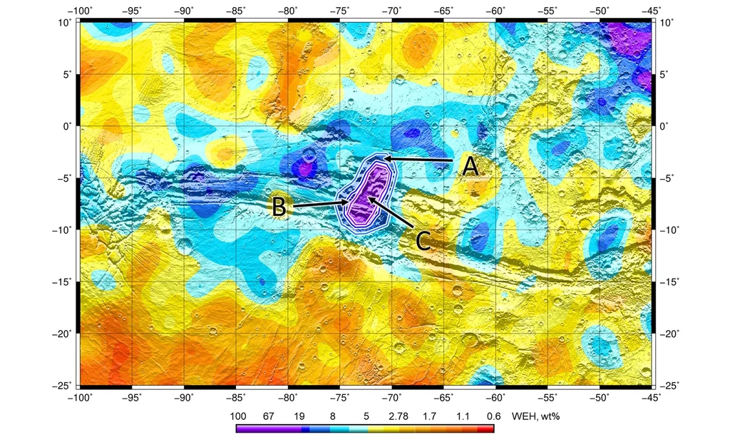 Mapa przedstawiająca obszar Marsa, którego wierzchnia warstwa może składać się w 40% z wody