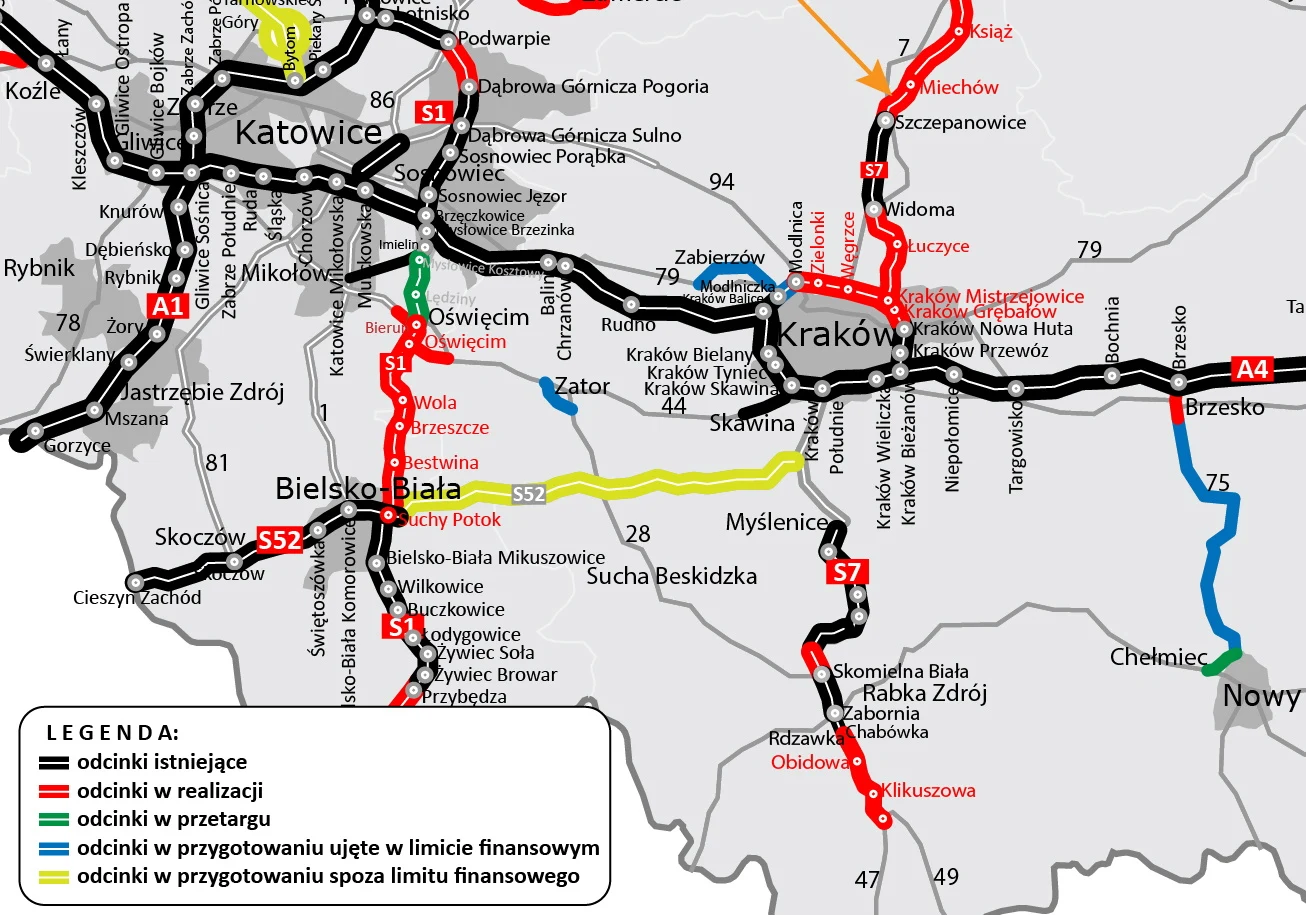 Mapa budowy dróg w Małopolsce i na Śląsku Mapa budowy dróg w Małopolsce i na Śląsku