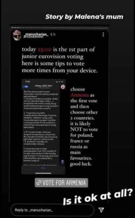 Eurowizja Junior, post mamy Maleny