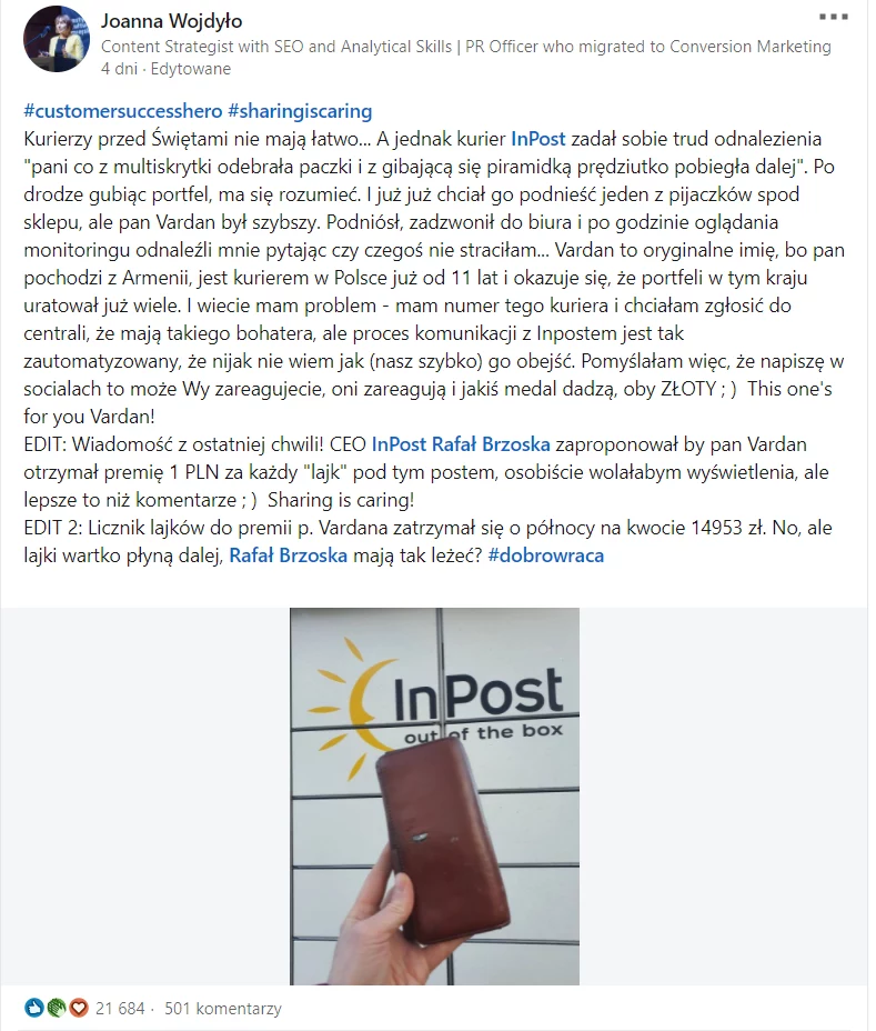 Kobieta nie wiedziała, jak dotrzeć do InPostu, więc opisała zdarzenie w portalu LinkedIn