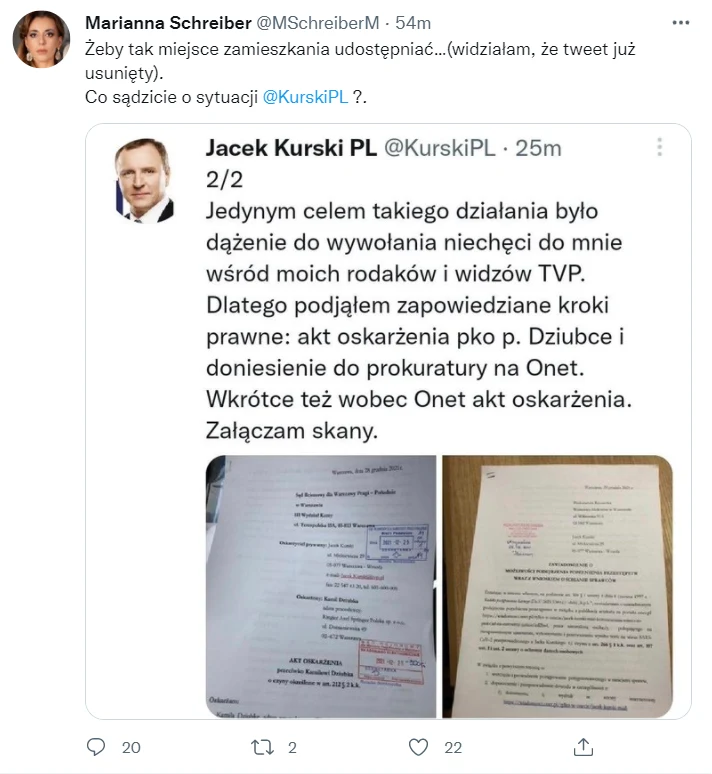 Mariann Schreiber udostępnia skasowany wpis Jacka Kurskiego