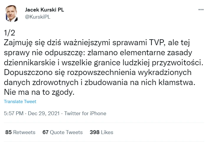 Pierwsza część oświadczenia Jacka Kurskiego ws. testu na koronawirusa