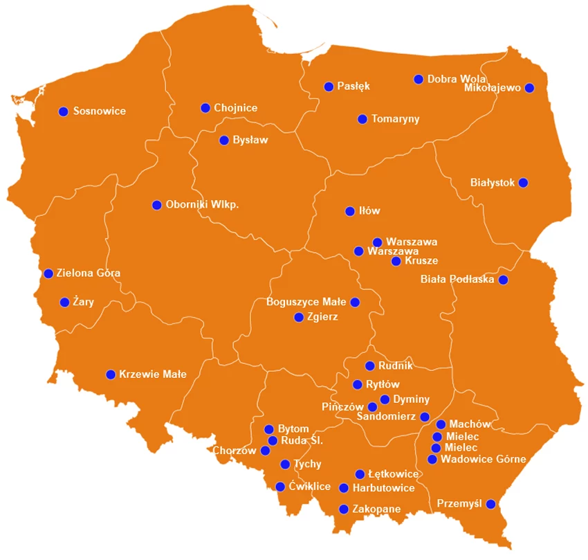 Mapa z miejscami, w których pomaga fundacja Psi Los