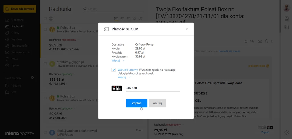 Płacenie BLIKIEM za rachunek - szybko i bezpiecznie w Poczcie Interii