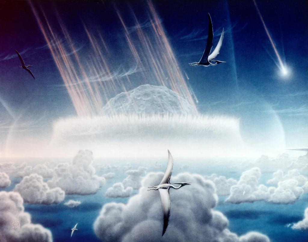 Obraz autorstwa Donalda Davisa ilustrujący uderzenie asteroidy, które oznaczało koniec dla nielatających dinozaurów.