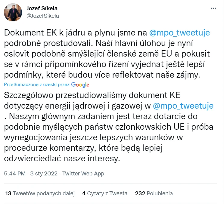 Czeski minister zapowiedział, że nasi sąsiedzi będą próbowali wynegocjować lepsze warunki dla inwestycji w gaz i atom