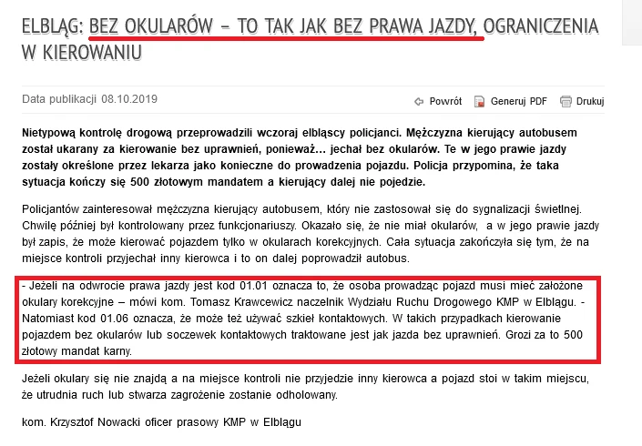 Policjanci od lat interpretuja jazdę bez okularów jako jazdę bez wymaganych uprawnień! Policjanci od lat interpretuja jazdę bez okularów jako jazdę bez wymaganych uprawnień!