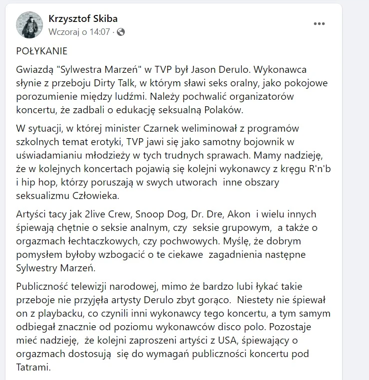 Wpis Krzysztofa Skiby / Facebook Wpis Krzysztofa Skiby / Facebook