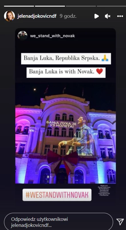 Jelena Djoković relacjonuje protesty w obronie jej męża /https://www.instagram.com/jelenadjokovicndf/