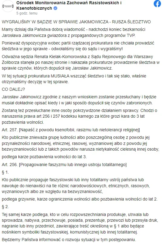 Ośrodek Monitorowania Zachowań Rasistowskich i Ksenofobicznych zajmie się sprawą Jakimowicza Ośrodek Monitorowania Zachowań Rasistowskich i Ksenofobicznych zajmie się sprawą Jakimowicza
