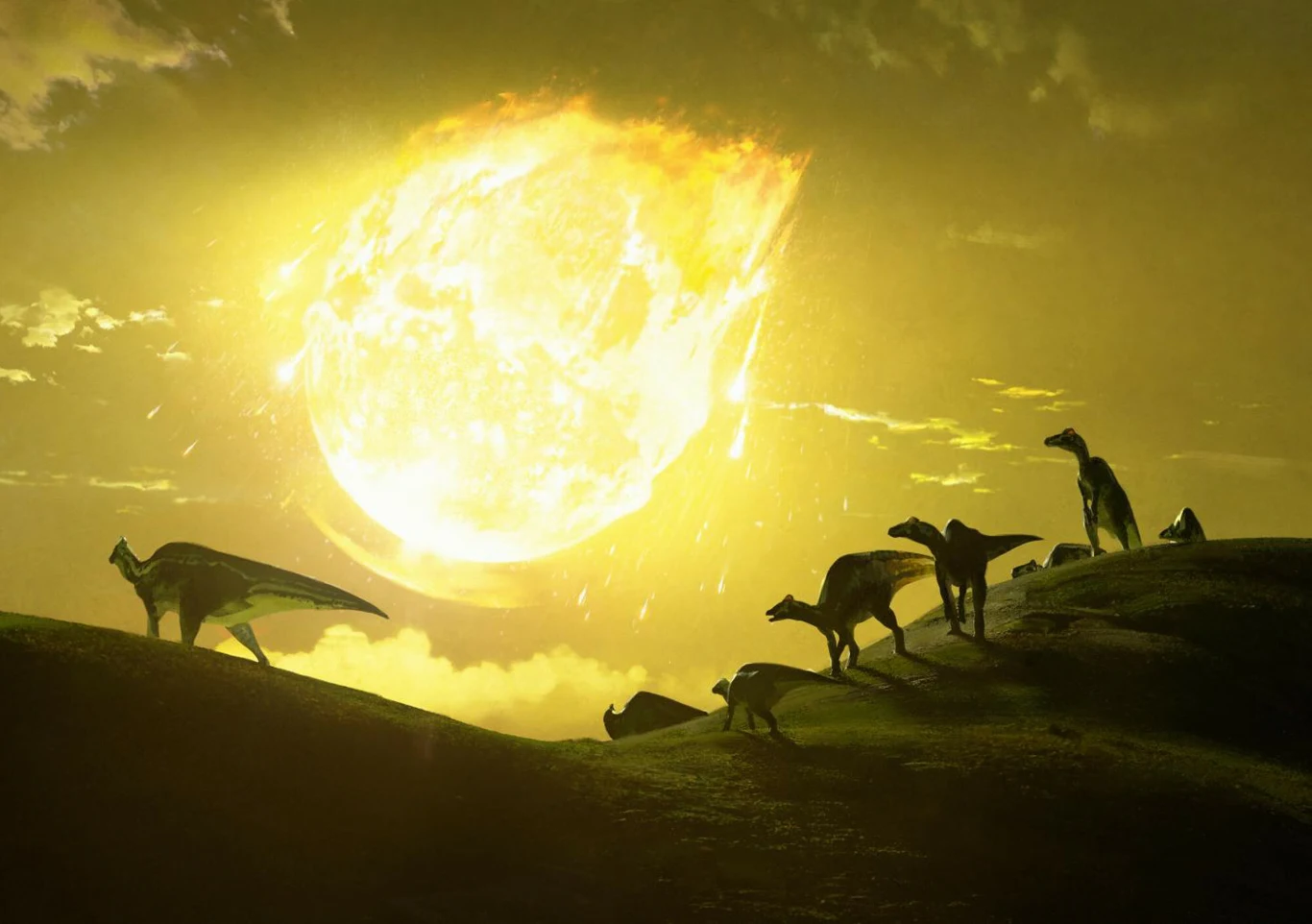 Ilustracja przedstawiająca uderzenia asteroidy i śmierć dinozaurów.
