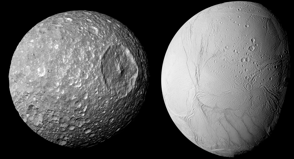 Księżyce Saturna - z prawej Enceladus, a z lewej Mimas