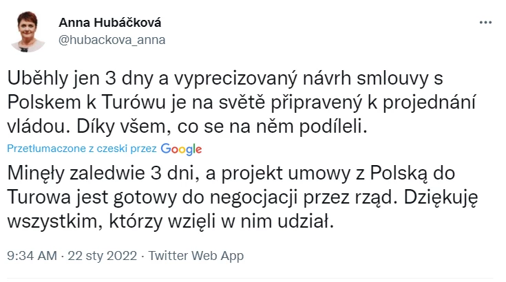 Anna Hubáčková poinformowała na Twitterze, że projekt umowy z Polską jest gotowy do rozpatrzenia przez czeski rząd