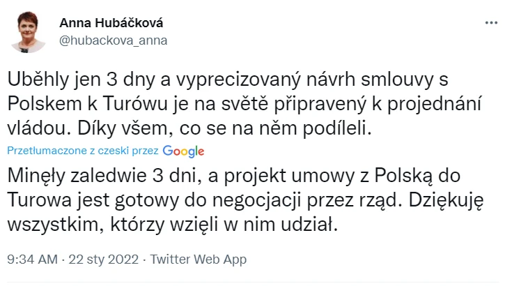 Anna Hubáčková poinformowała na Twitterze, że projekt umowy z Polską jest gotowy do rozpatrzenia przez czeski rząd Anna Hubáčková poinformowała na Twitterze, że projekt umowy z Polską jest gotowy do rozpatrzenia przez czeski rząd