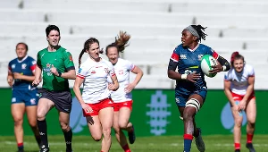 Reprezentacja Polski w rugby 7 kobiet podczas meczu z USA w lutym 2021 r.