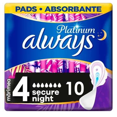 Always Platinum Secure Night (Rozmiar 4) Podpaski ze skrzydełkami, 10 sztuk - 6