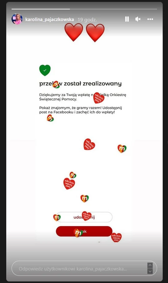 Karolina Pajączkowska pokazała przelew Karolina Pajączkowska pokazała przelew