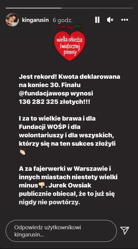 Kinga Rusin skrytykowała Owsiaka fot. Instagram (instagram.com/kingarusin)