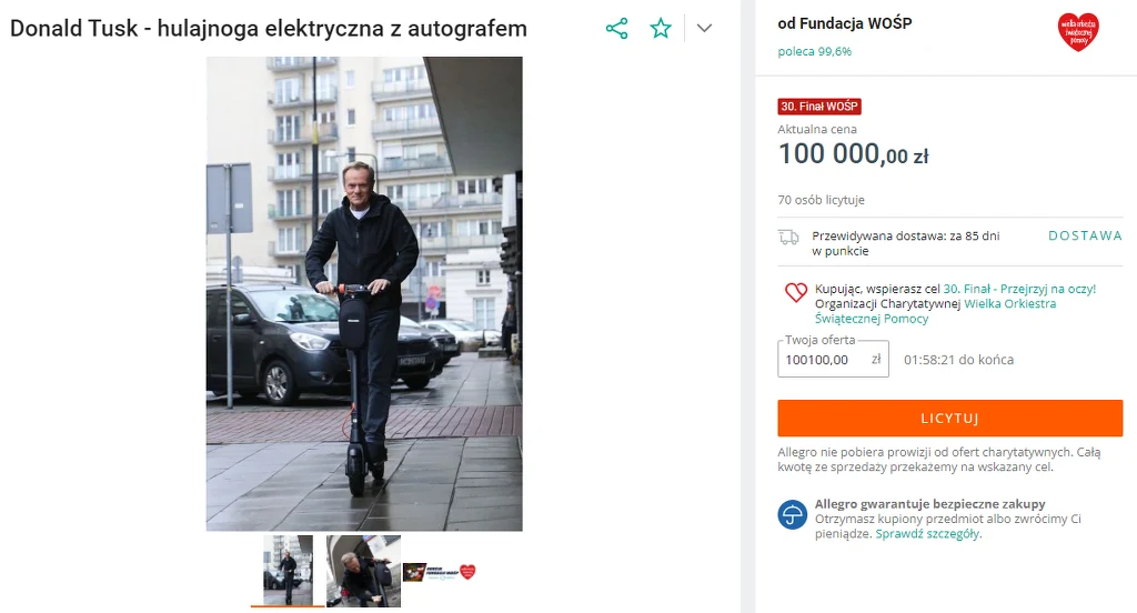 Aukcja WOŚP - hulajnoga Tuska Aukcja WOŚP - hulajnoga Tuska