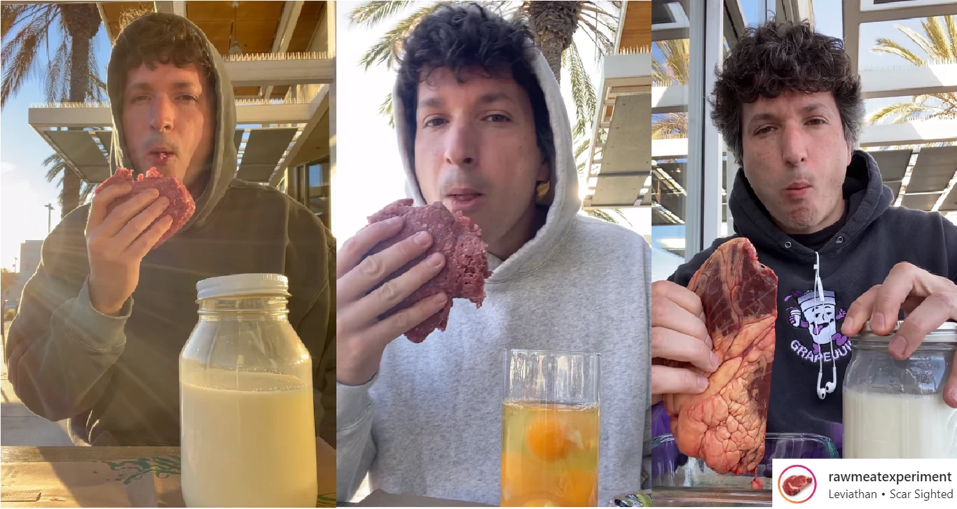 Mężczyzna nagrywa tzw. Rolki na Instagramie, na których pokazuje, jak je surowe mięso Mężczyzna nagrywa tzw. Rolki na Instagramie, na których pokazuje, jak je surowe mięso