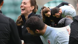 Księżna Kate "w objęciach" zawodnika na treningu rugby