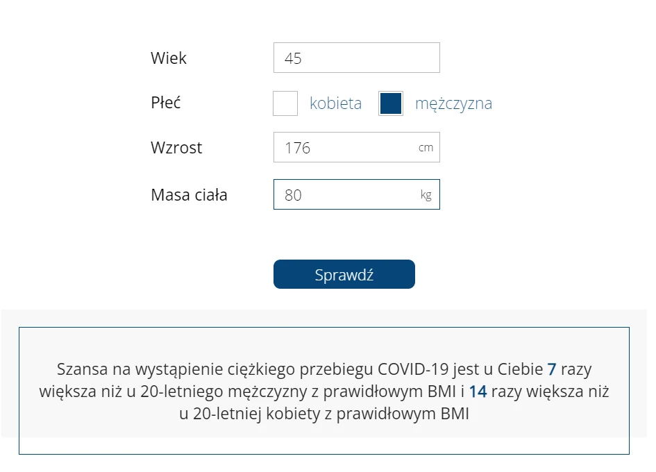 Przykładowy wynik, jaki pokazał kalkulator. Analizował przypadek 45-latka o wzroście 176 cm i wadze 80 kg