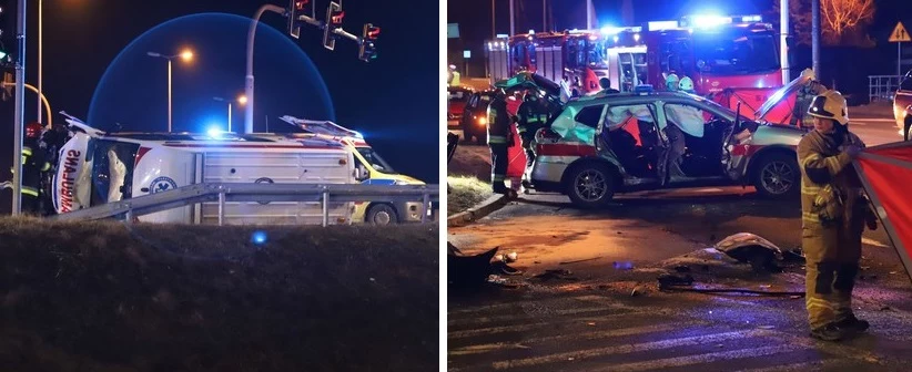 Karetka w wyniku zderzenia przewróciła się na bok. Z kolei Nissan X-Trail straży pożarnej nie wygląda na mocno uszkodzony, ale wszyscy nim podróżujący trafili do szpitala