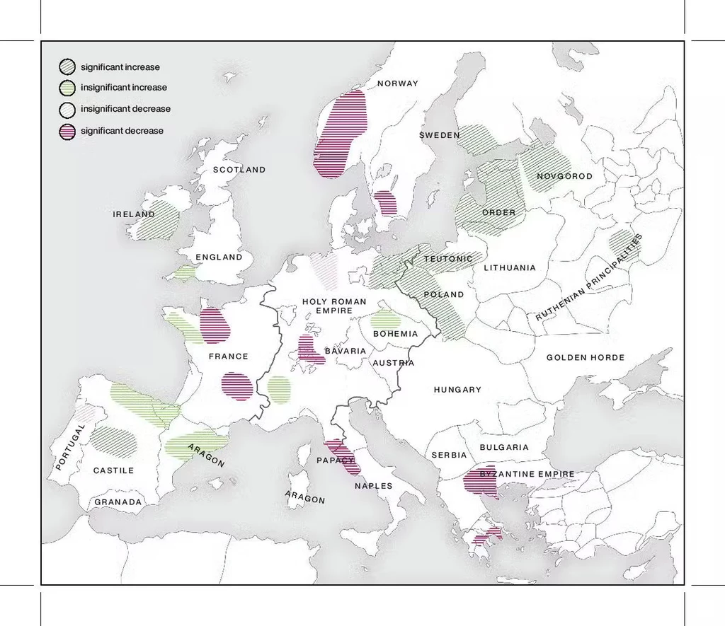 Mapa pokazująca miejsca wzrostów i spadków produkcji pyłków rolniczych