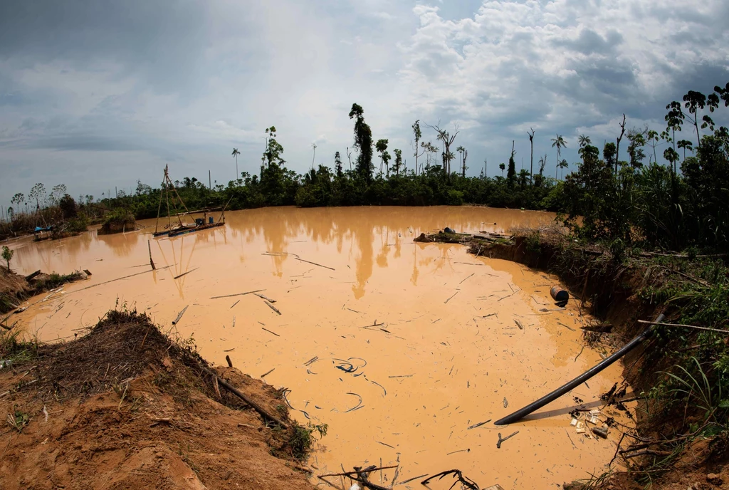 Zanieczyszczenia pochodzące z nielegalnego wydobycia złota przy Amazonii.
