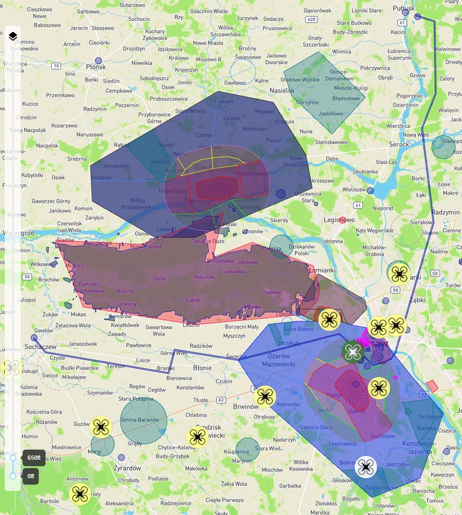 Mapa z zaznaczonymi trasami przelotów dronów BSP