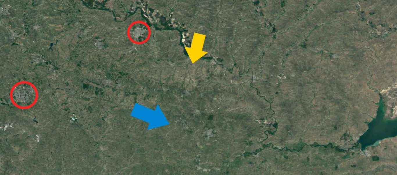 Pogranicze ukraińsko-rosyjskie: zaznaczono Ługańsk i Donieck (czerwony), czarnoziemy wykorzystywane rolniczo (niebieski) i czarnoziemy nieużywane ulegające erozji i degradacji (żółty) Pogranicze ukraińsko-rosyjskie: zaznaczono Ługańsk i Donieck (czerwony), czarnoziemy wykorzystywane rolniczo (niebieski) i czarnoziemy nieużywane ulegające erozji i degradacji (żółty)