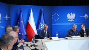 Przewodniczący Platformy Obywatelskiej Donald Tusk na spotkaniu, poświęconym bezpieczeństwu narodowemu Polski