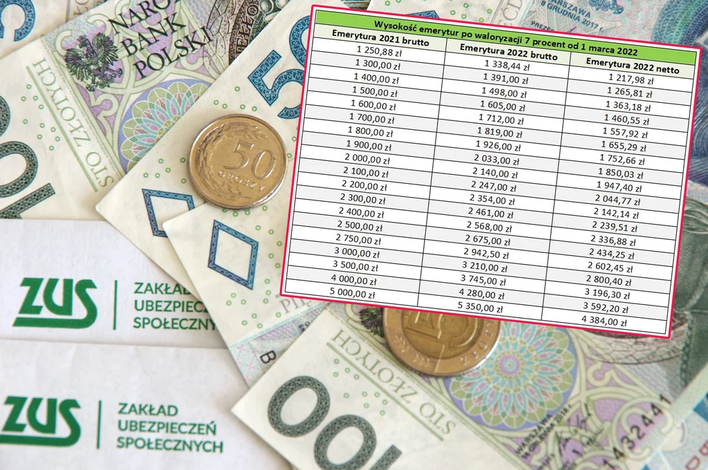 Wysokość emerytur po waloryzacji 2022. Jakie stawki brutto i netto? Sprawdź w tabeli poniżej. 
