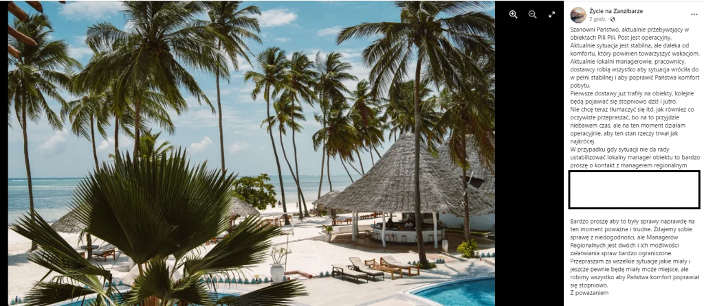 Wpis na Facebooku @polacynazanzibarze