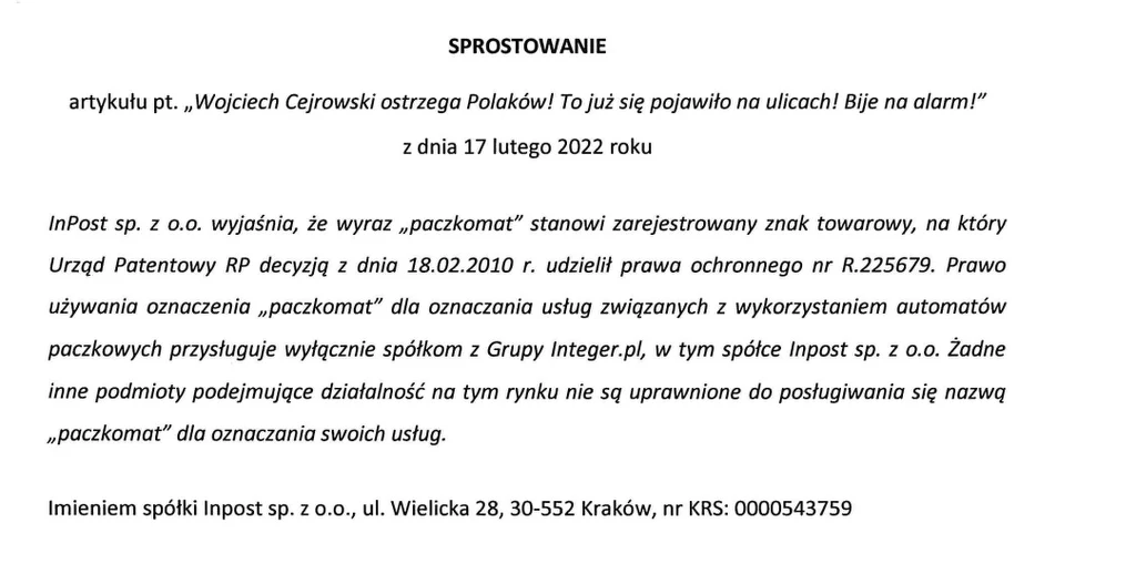 "Sprostowanie” spółki Inpost sp. z o.o. "Sprostowanie” spółki Inpost sp. z o.o.