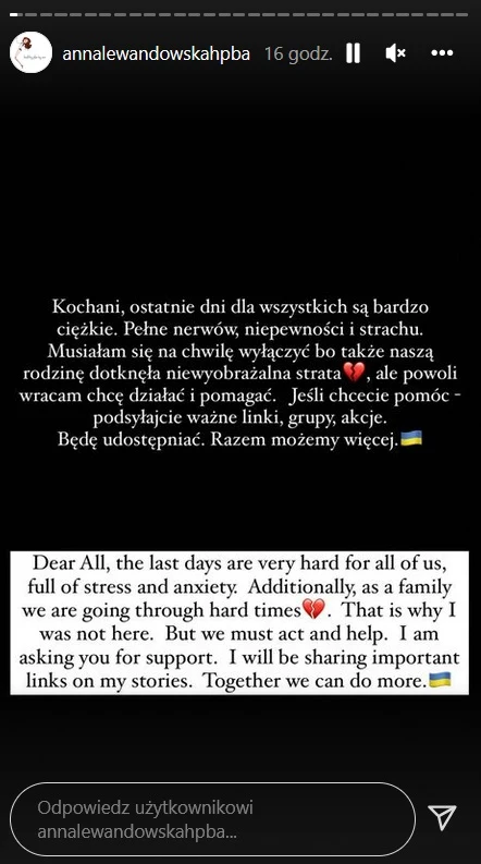 Anna Lewandowska poinformowała, że jej rodzinę dotknąła niewyobrażalna strata Anna Lewandowska poinformowała, że jej rodzinę dotknąła niewyobrażalna strata