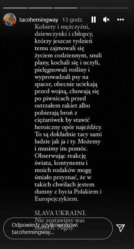 Taco Hemingway wspiera Ukrainę Taco Hemingway wspiera Ukrainę